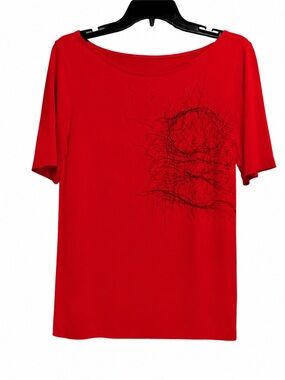 XD Xenia Design RedT-Shirt with Abstract Black Print, Avant-Garde Design. Medium